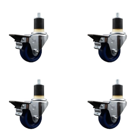 Service Caster 3'' Solid Poly Swivel 1-7/8'' Expanding Stem Caster Set with Brake, 4PK SCC-EX20S314-SPUS-PLB-178-4